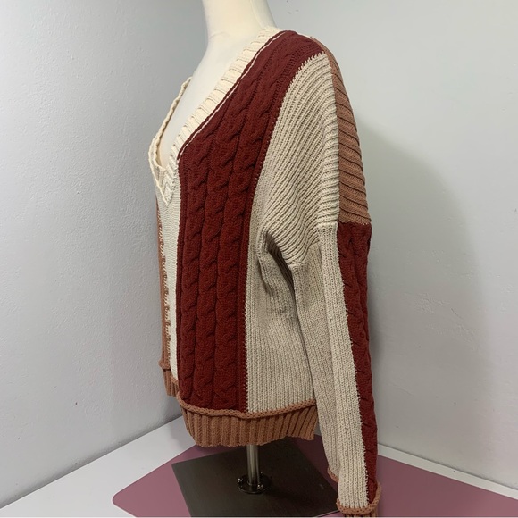 POL Oversized Color Block Cable Knit Sweater wide cropped sleeve Rust Cream - Picture 2 of 13